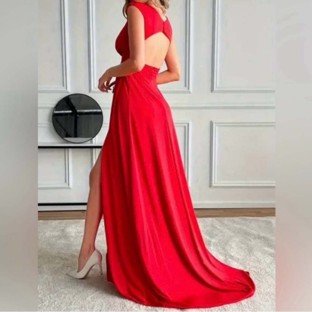 Vibrant Red Backless Gown with Slit for Prom or Weddings